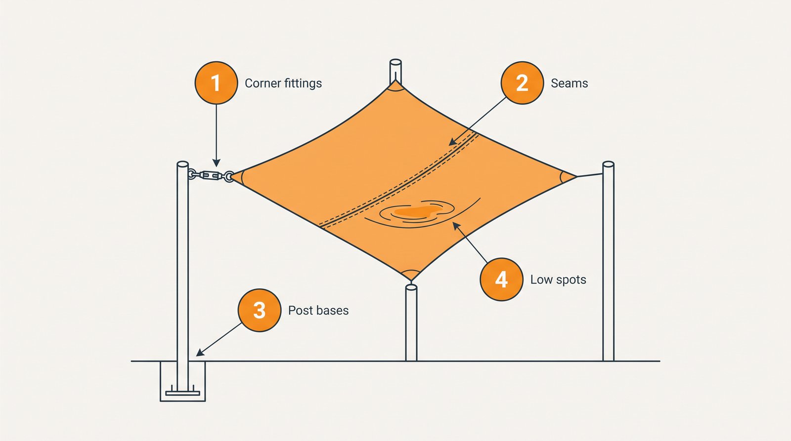 Drawing of an after-storm walk-around: corner fittings, seams, post bases and low spots