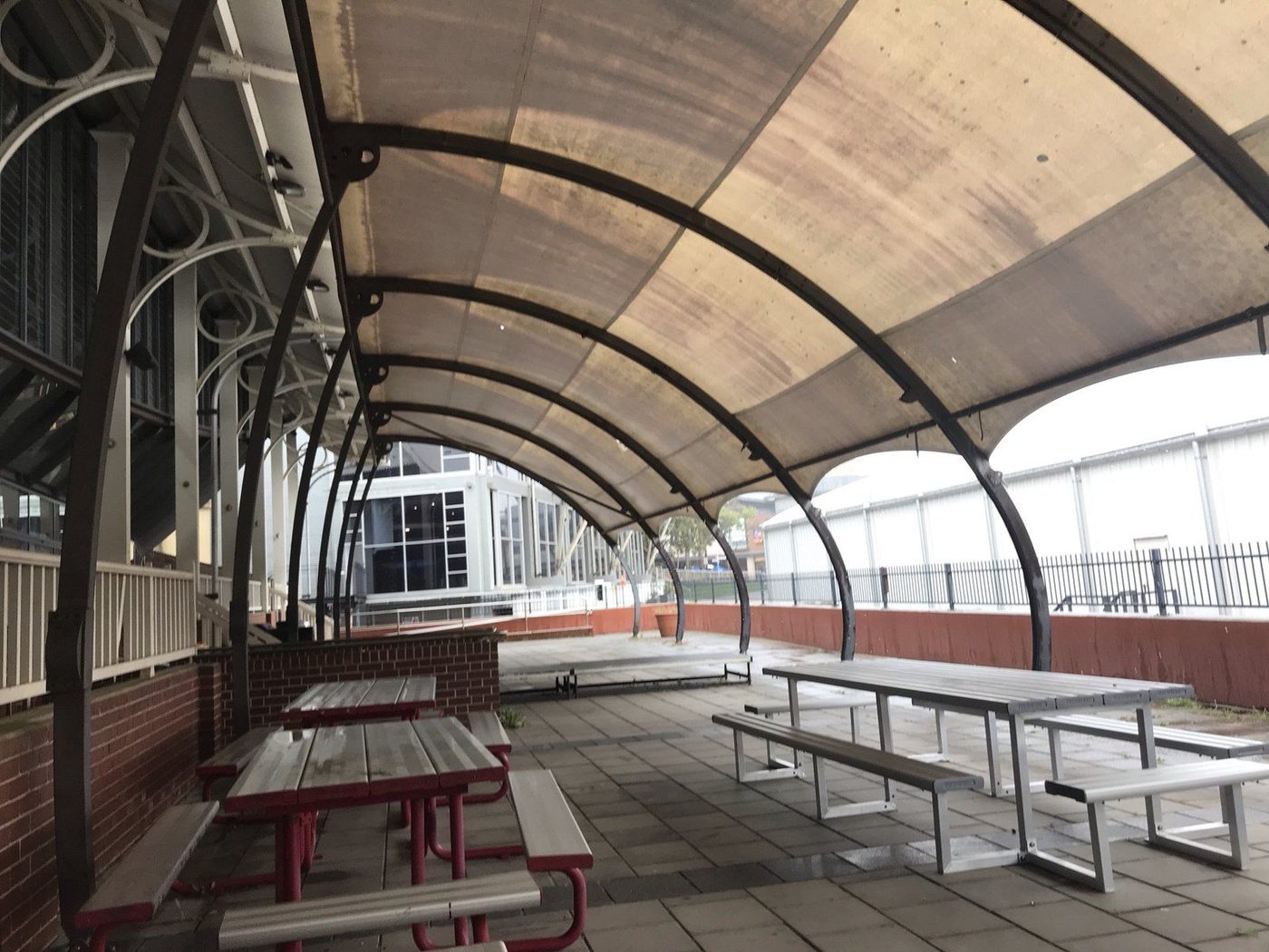 Curved barrel-vault canopy on black steel arches over public picnic tables and paving., Moore Park